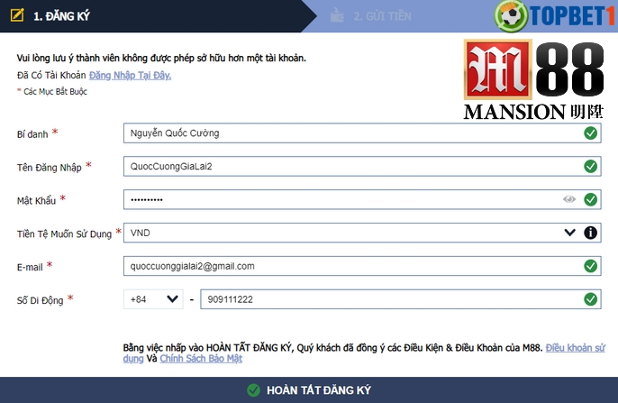 Hướng dẫn đăng ký tài khoản M88